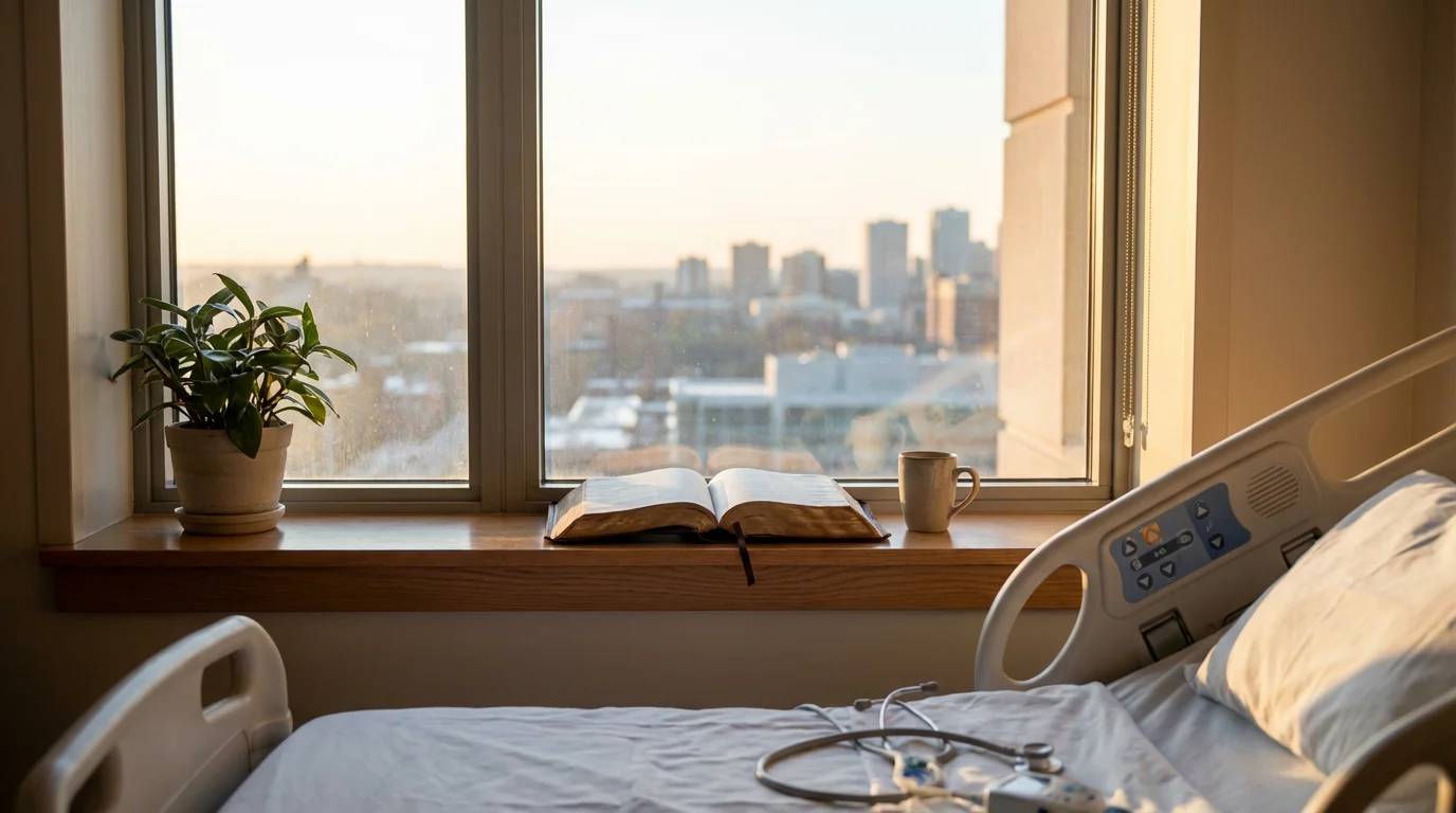 Soft sunrise light fills a hospital room where a Bible rests on the windowsill.