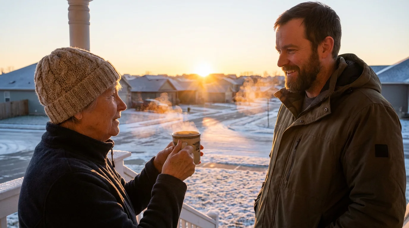 A neighbor offers a warm drink at sunrise on a quiet street.