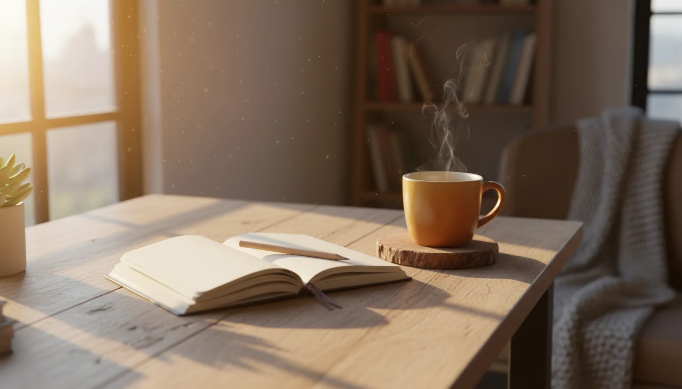 A sunlit desk with an open notebook, pencil, and warm mug inviting reflection.