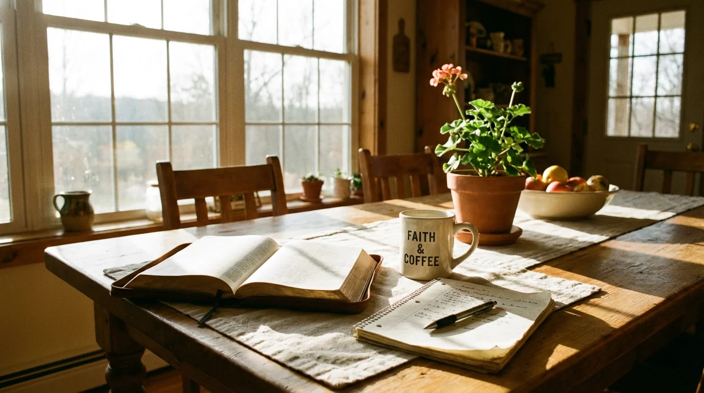 Sunlight warms a quiet kitchen table with a Bible, mug, and notepad.