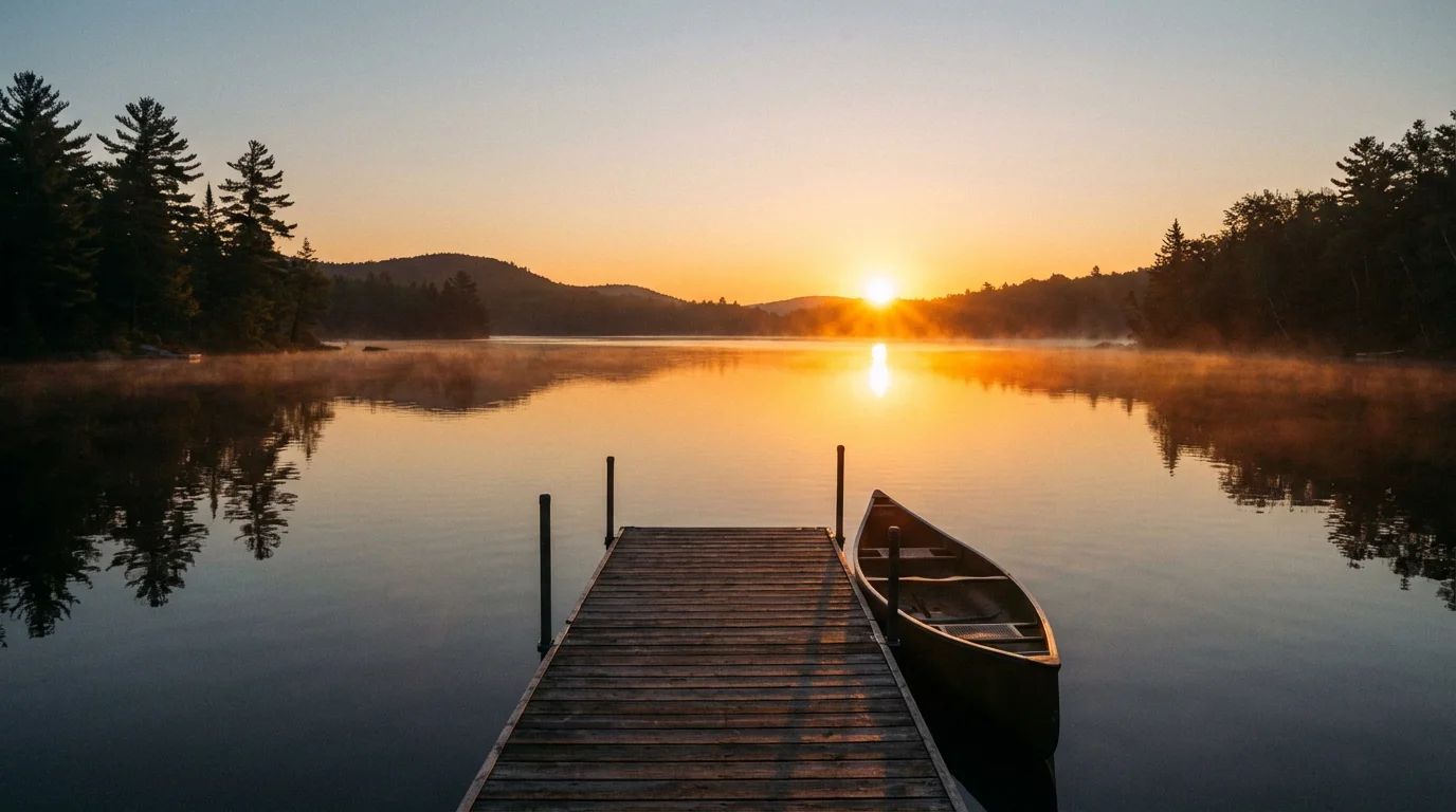 Sunrise over a quiet lake inviting reflection and a fresh start.