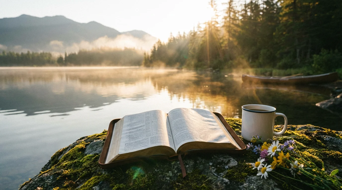 Open Bible on a bench by a calm lake at sunrise, inviting reflection.