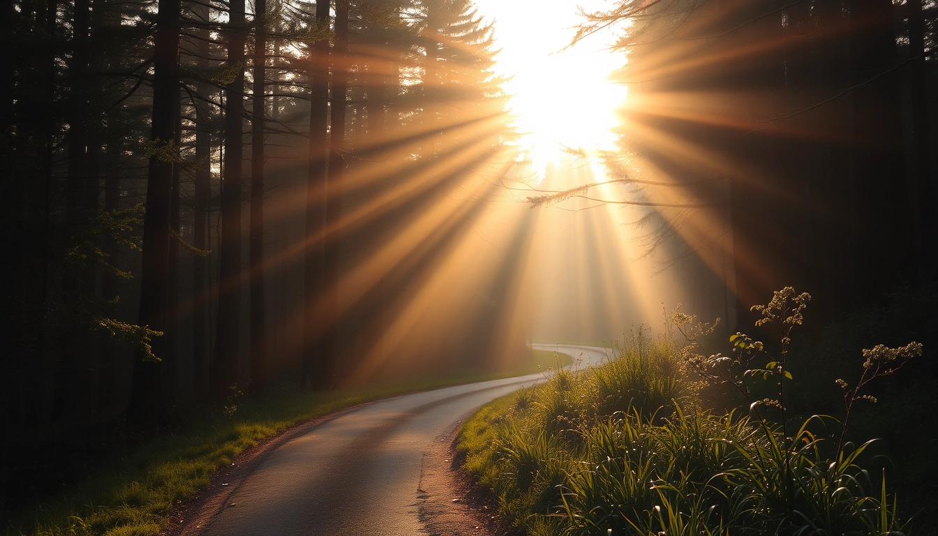 Sunrise light over a quiet wooded path suggesting a gentle new beginning.