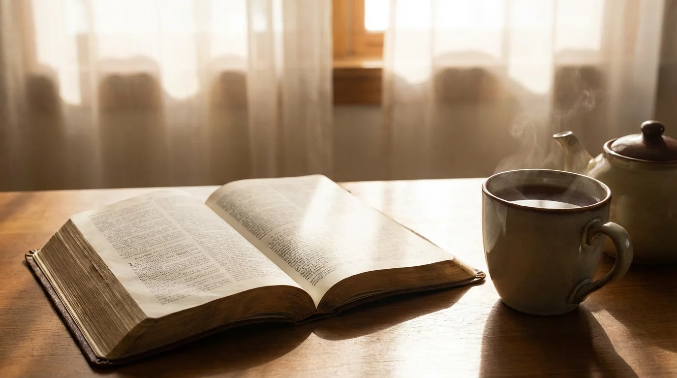 Soft morning light falls on an open Bible and a cup of tea in a quiet room.