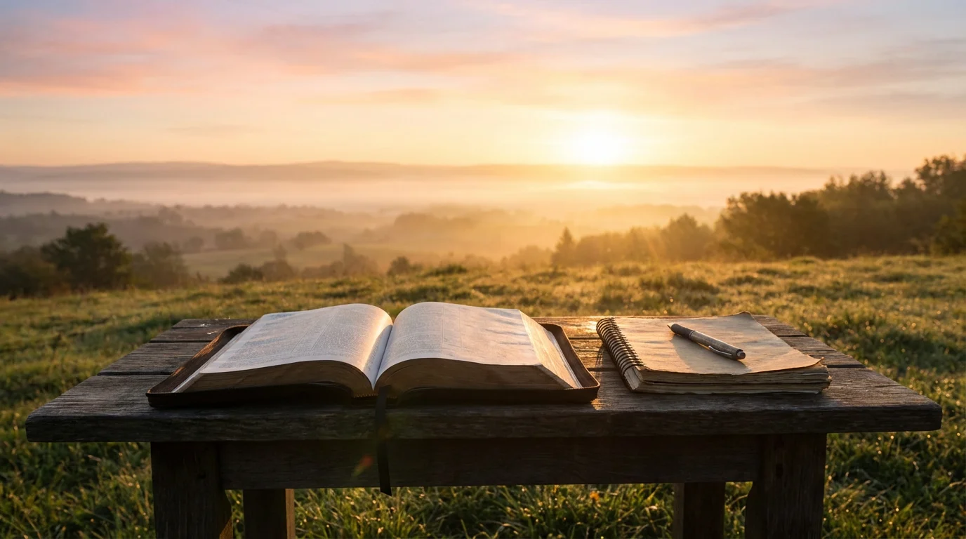 Sunrise light over an open Bible and notebook on a wooden table.