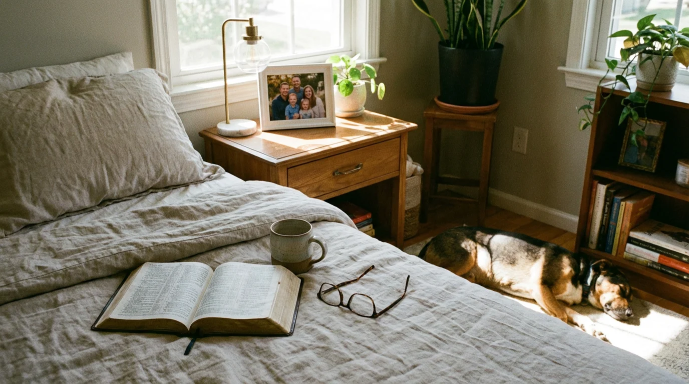 Morning light warms a quiet bedroom with a Bible and a photo on the nightstand.