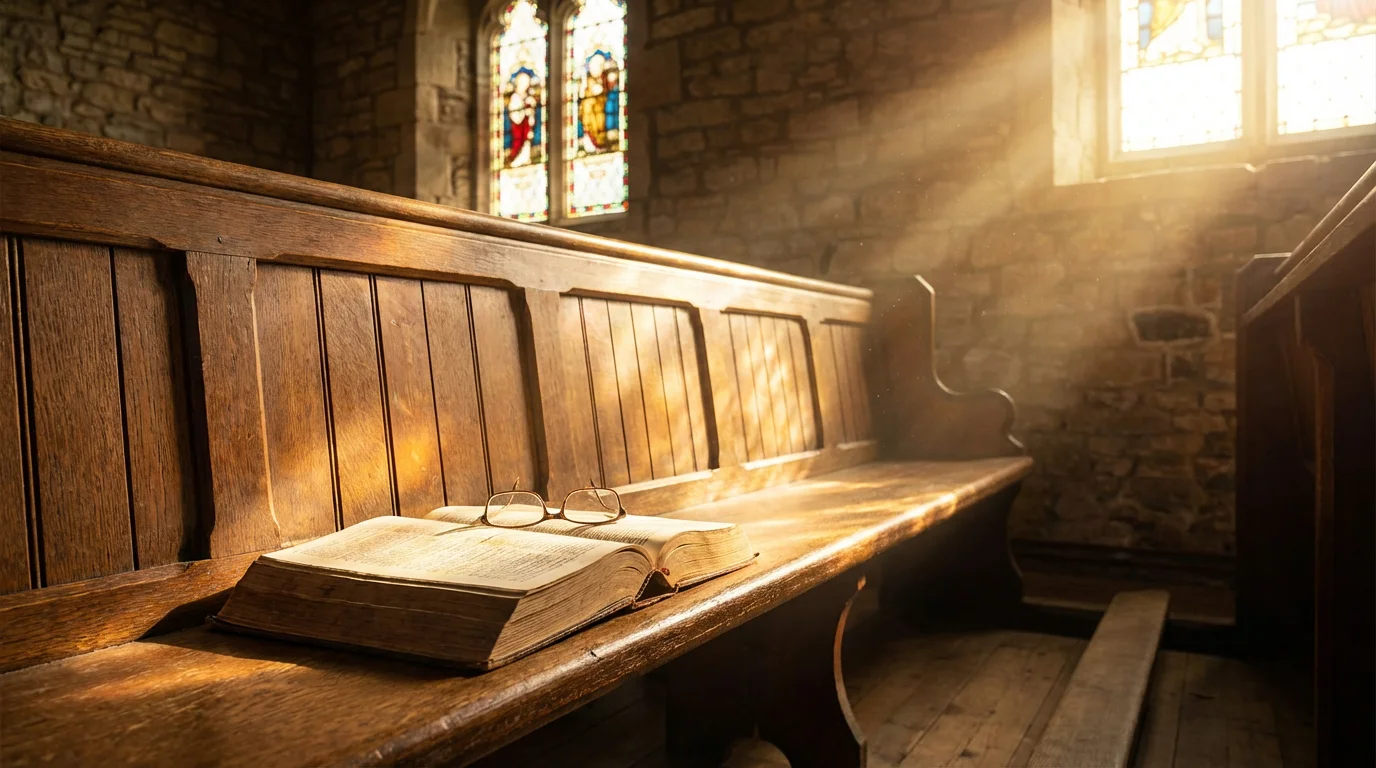 Warm sunrise light fills a simple church as an open Bible rests on a pew.