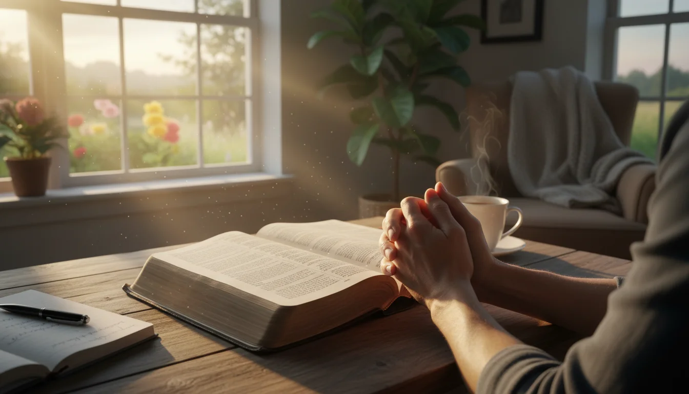 Morning light fills a quiet room where Scripture and prayer invite a fresh start.