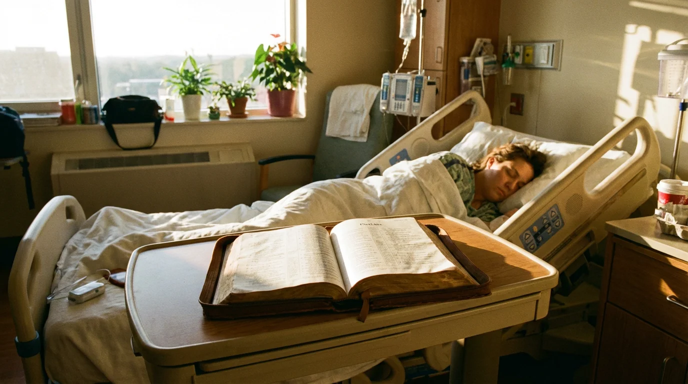 Morning light through a window warms a quiet hospital room with an open Bible.