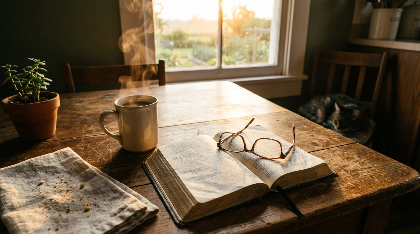 Sunrise light warms a quiet kitchen table set with a mug and an open Bible.