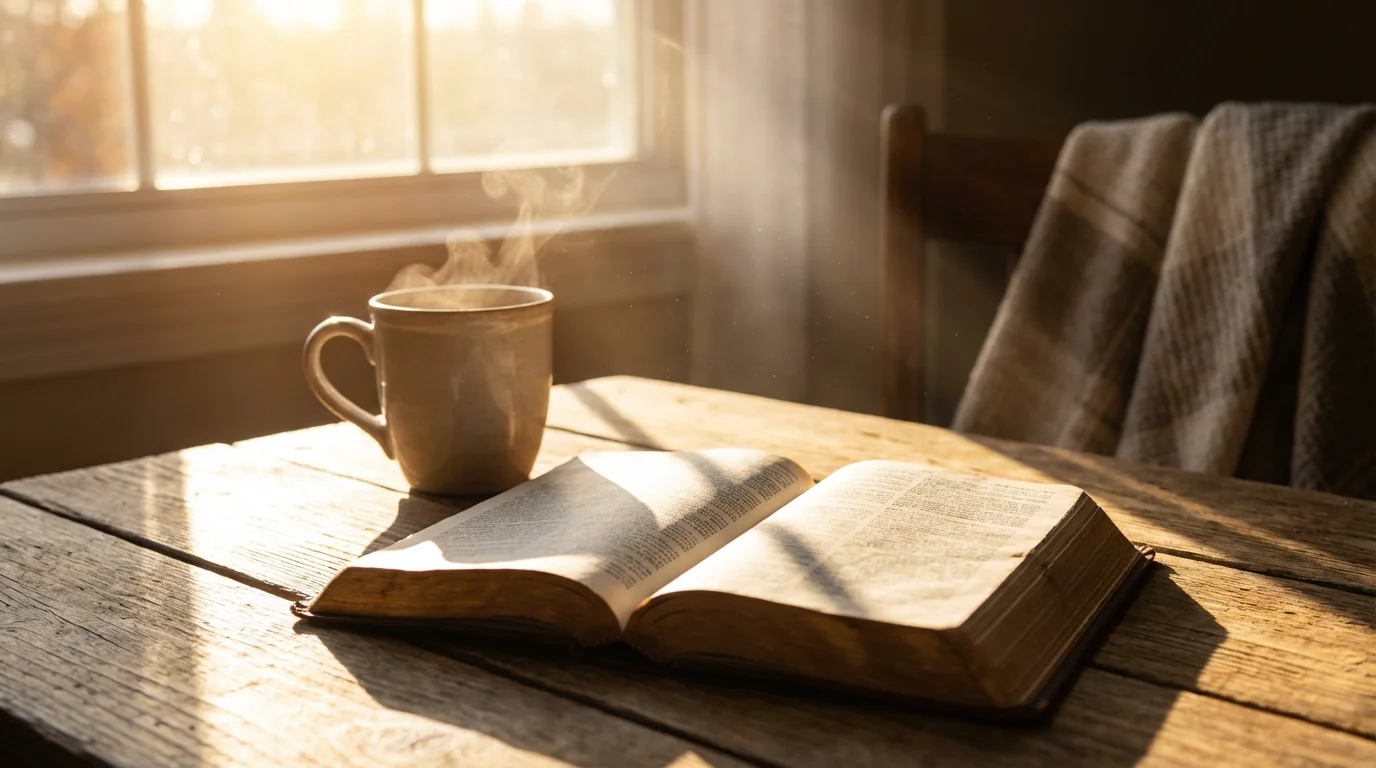 Morning light falls on an open Bible and a mug, inviting quiet hope.