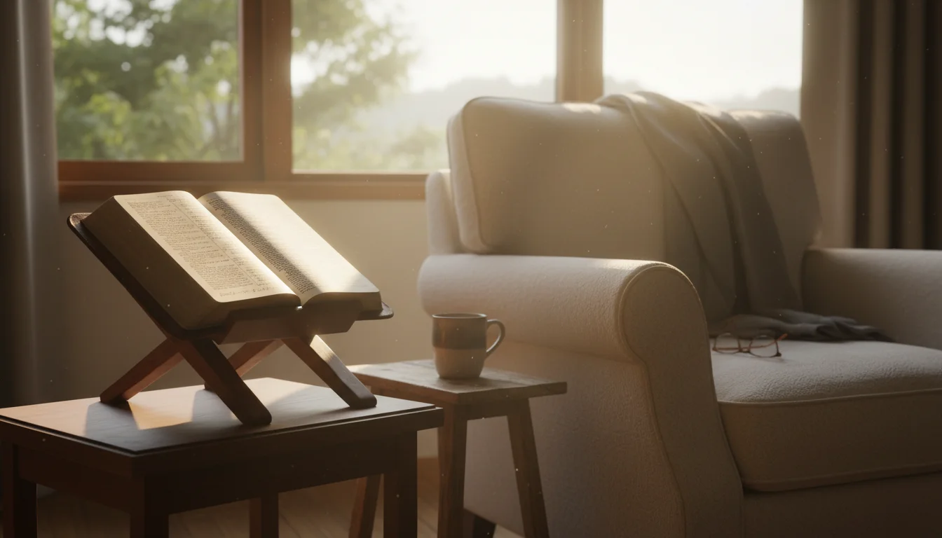 Morning light spilling through a window onto an open Bible and chair.