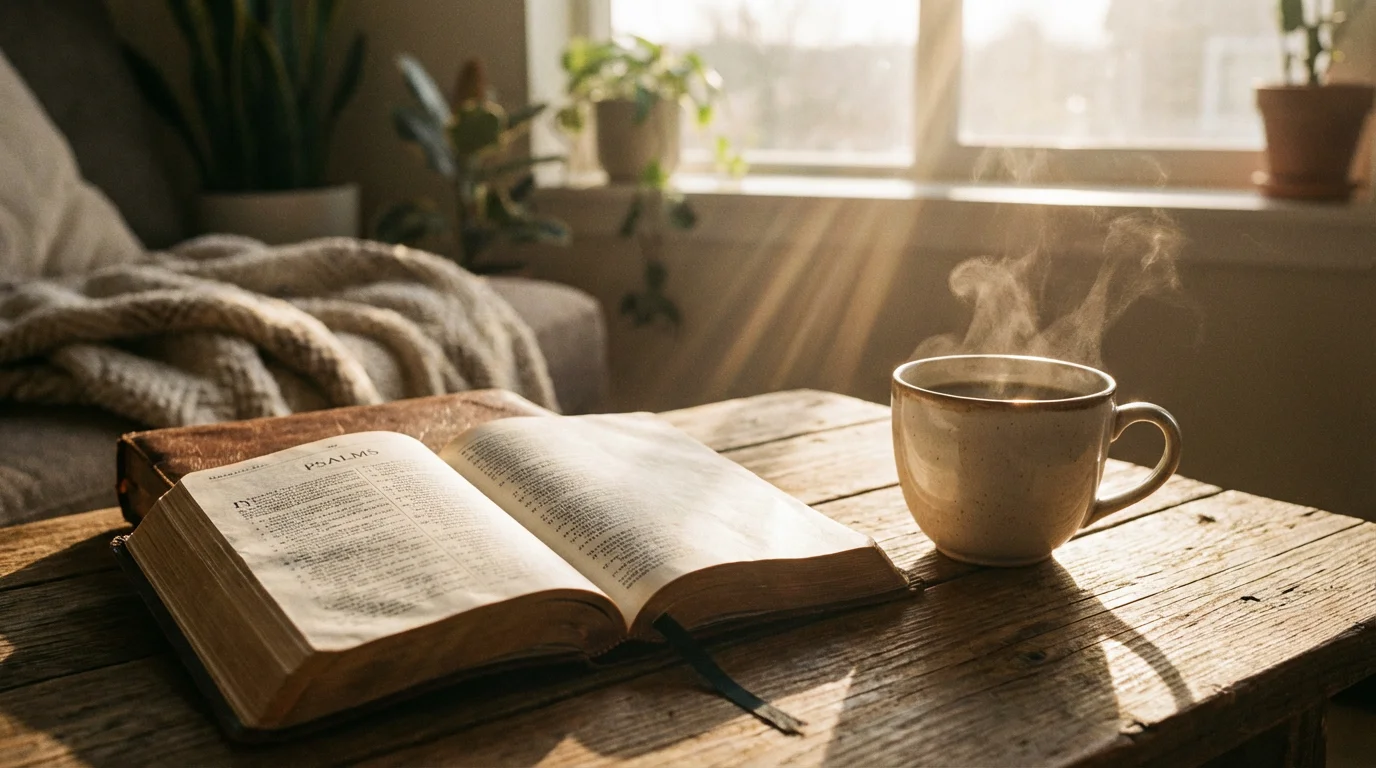 Morning light falling across an open Bible and a warm cup on a wooden table.