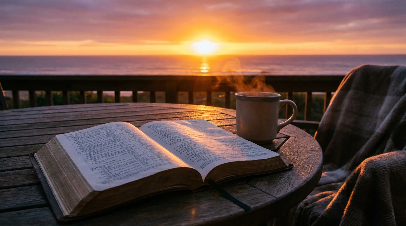 A warm sunrise shines on an open Bible and a steaming mug, conveying hope.