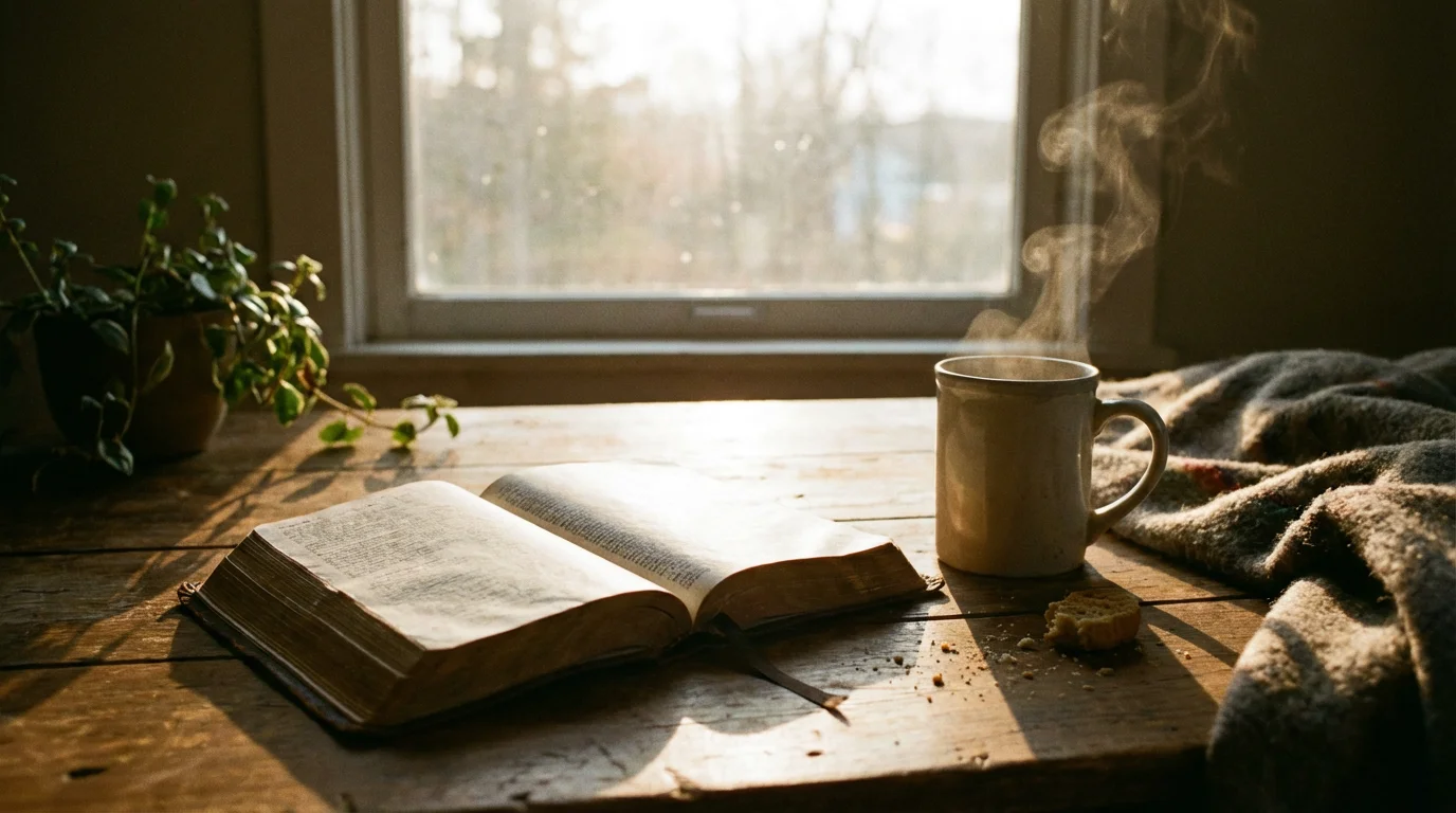 Morning light on an open Bible and mug in a peaceful room.