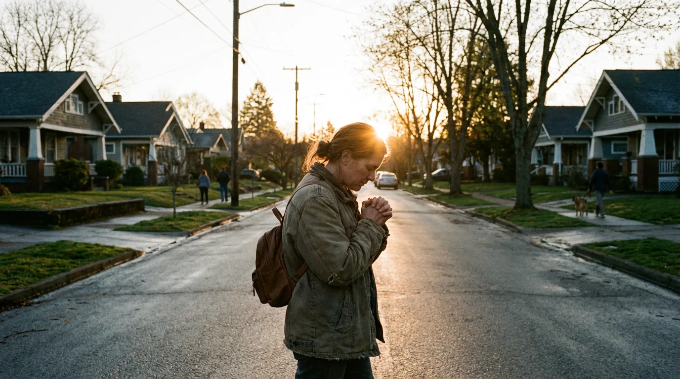 A person walks a neighborhood at sunrise, praying quietly for the community.