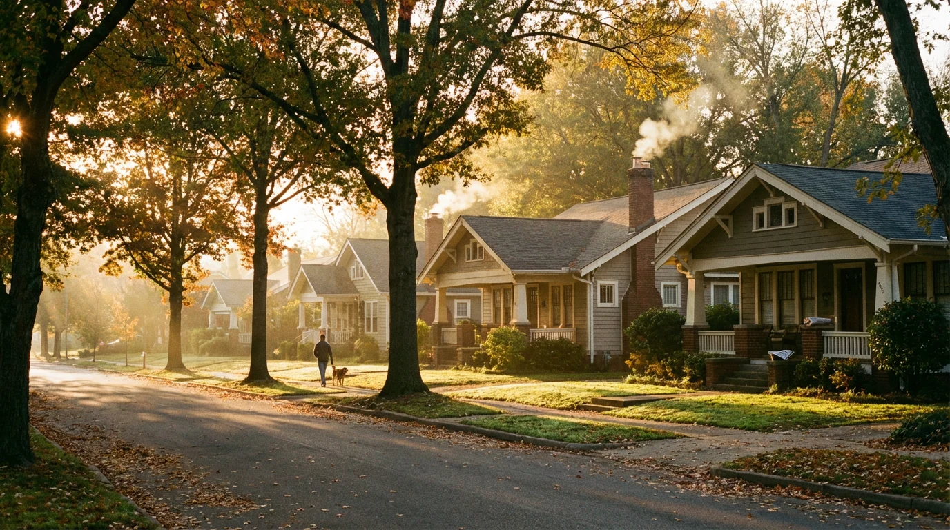 A peaceful sunrise over a quiet neighborhood street where neighbors begin their day.