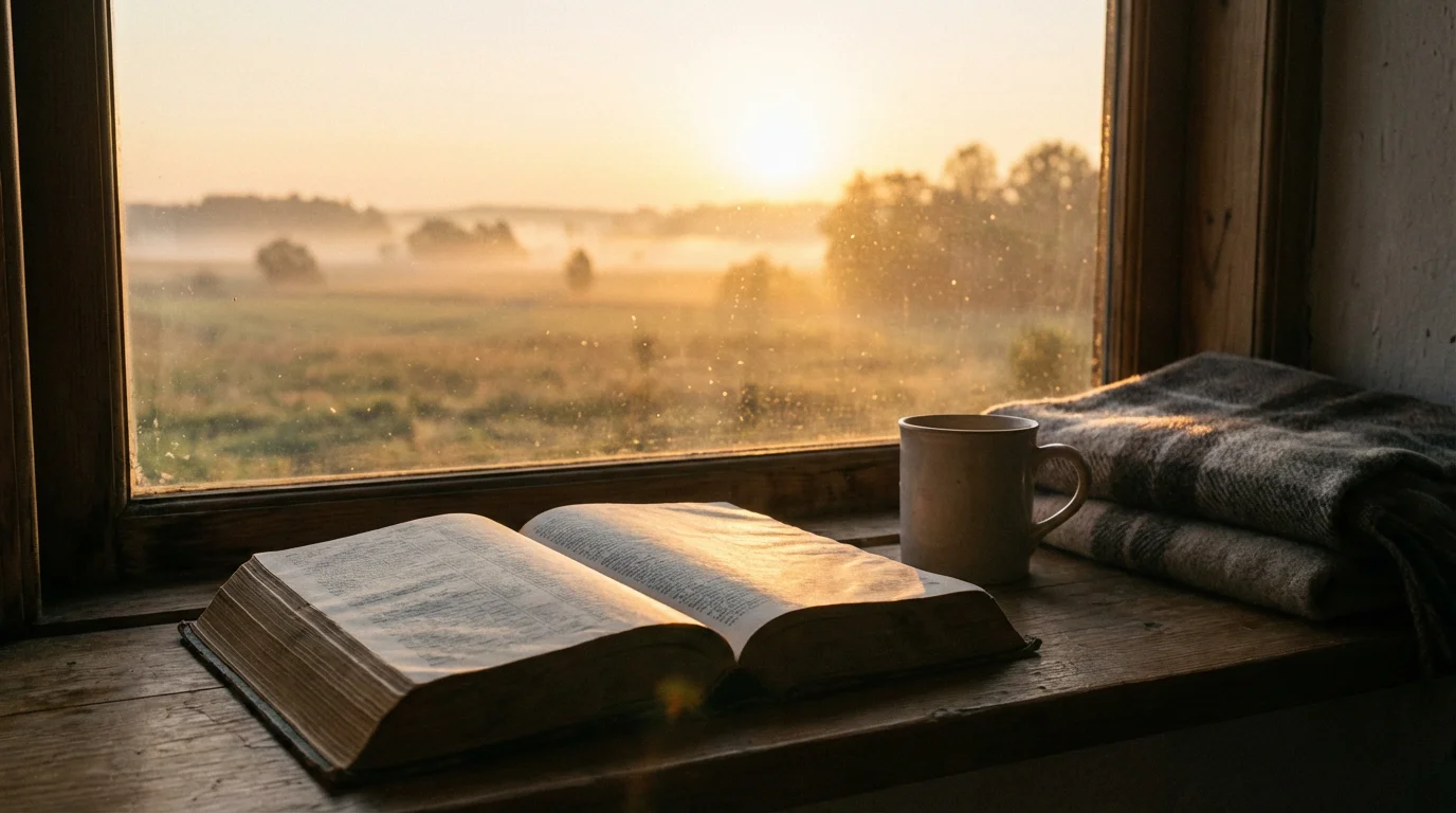 Peaceful sunrise light over an open Bible, coffee, and notebook by a window.
