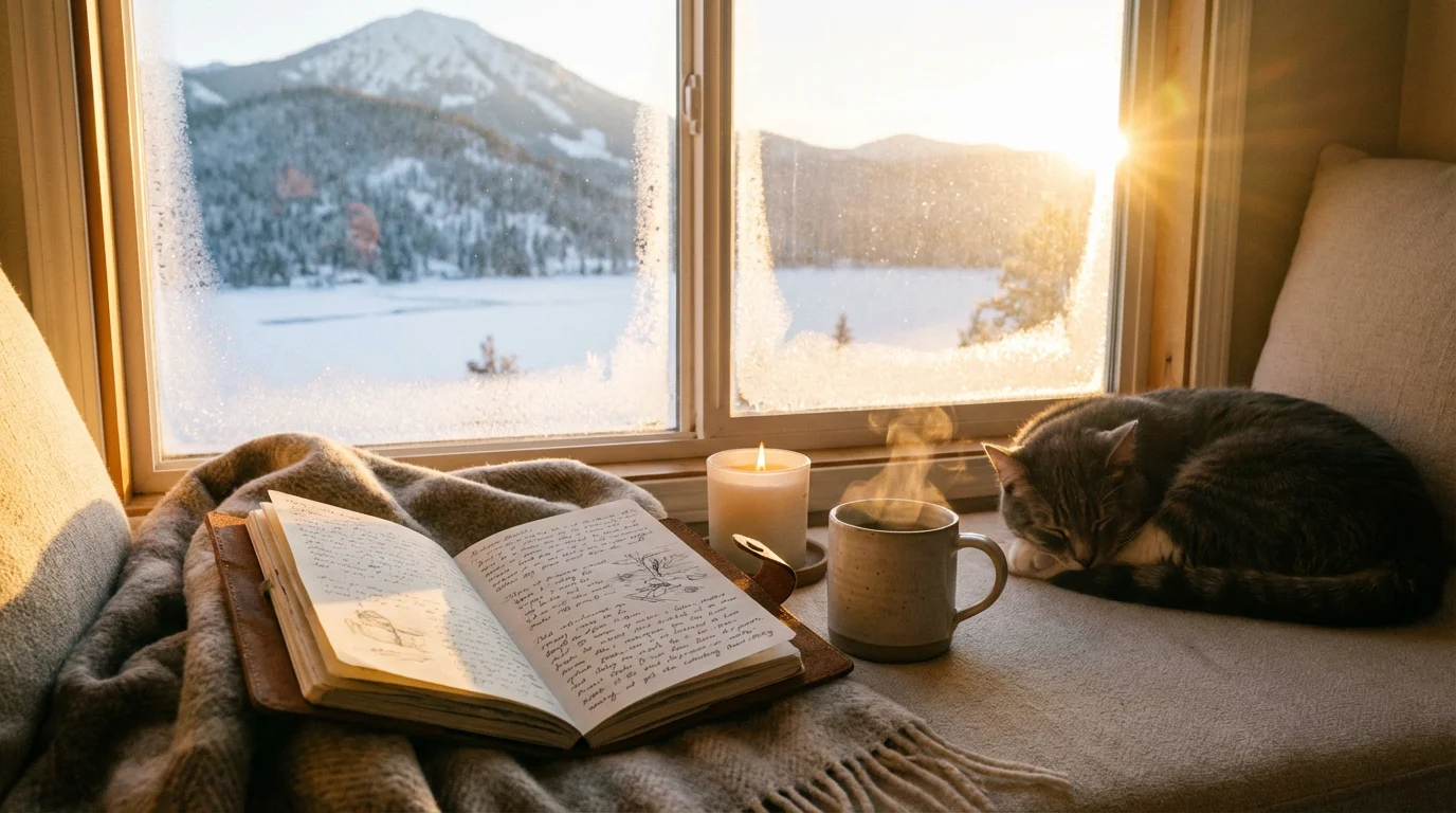 A peaceful winter sunrise seen from a window with a journal open nearby.