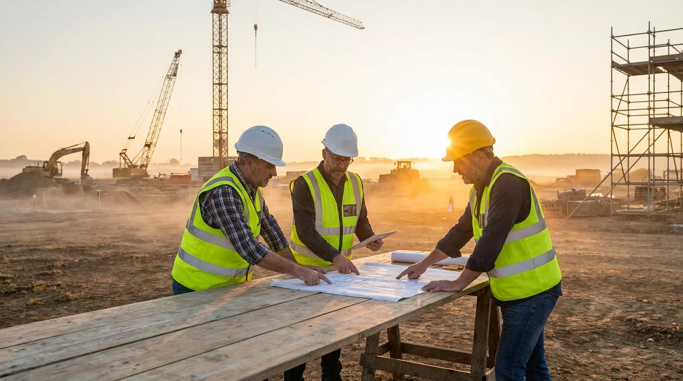 Crew gathers at sunrise over a tidy jobsite to review plans.
