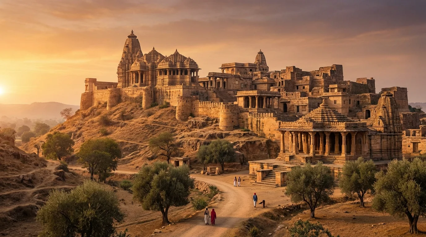 Sunrise over an ancient city with a temple hill, inviting quiet reflection.