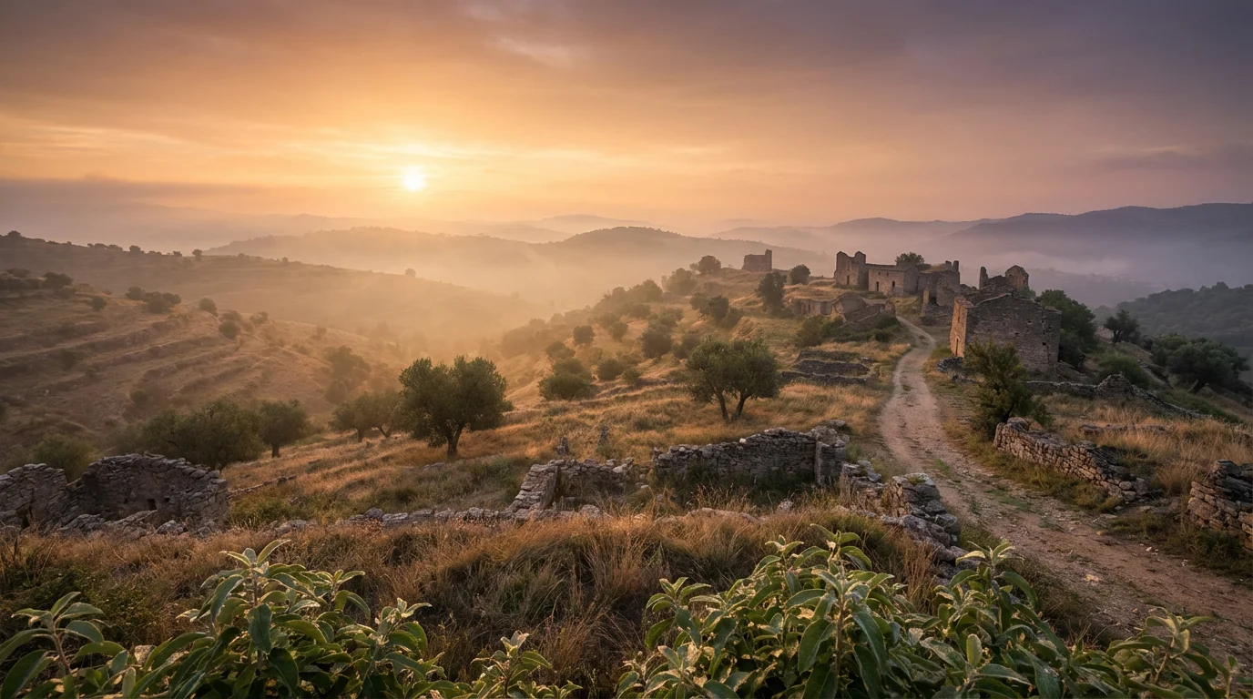 Sunrise over ancient hill country, evoking the setting of 2 Kings.