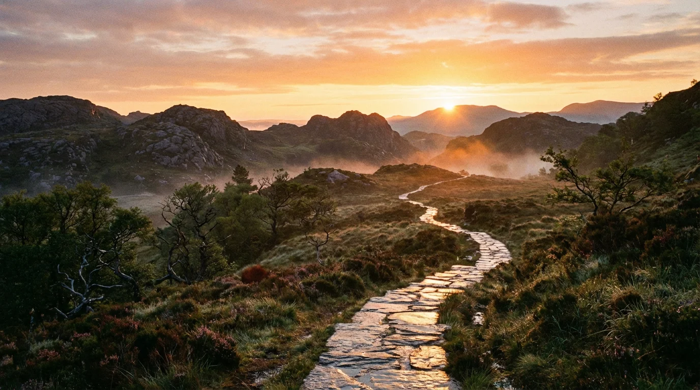 Sunrise over rugged hills with a winding path that invites quiet reflection.