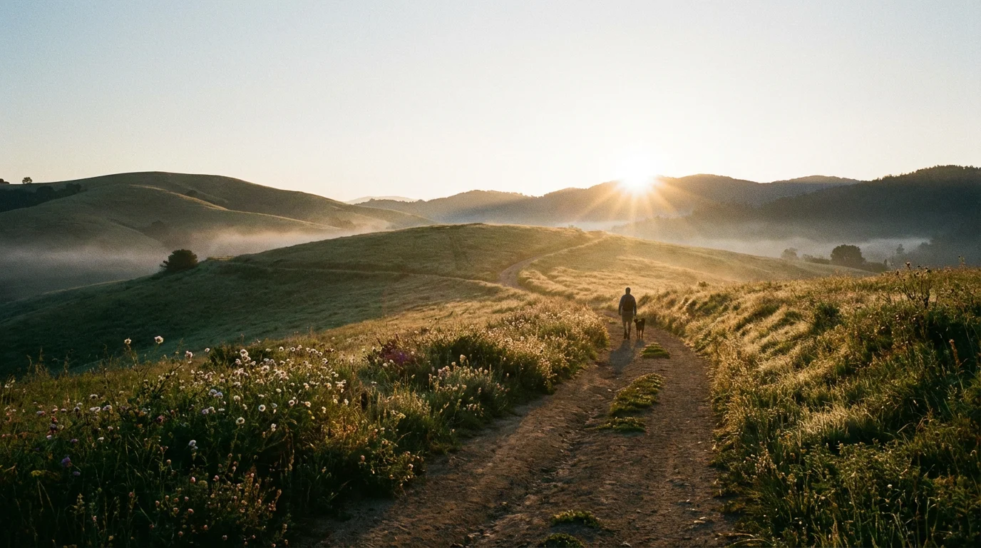 Sunrise over quiet hills with a path, evoking hope and renewal.