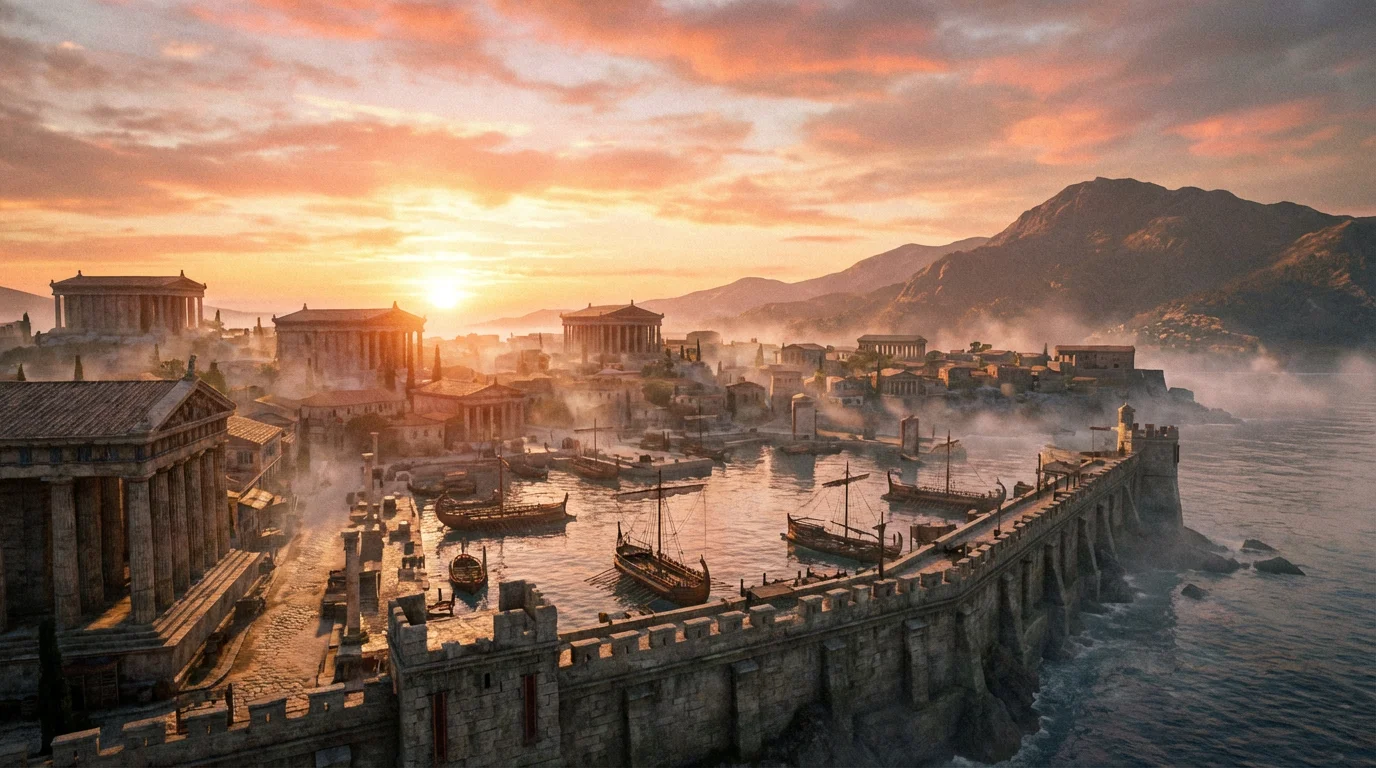 Sunrise over an ancient port city with quiet streets and temple ruins.