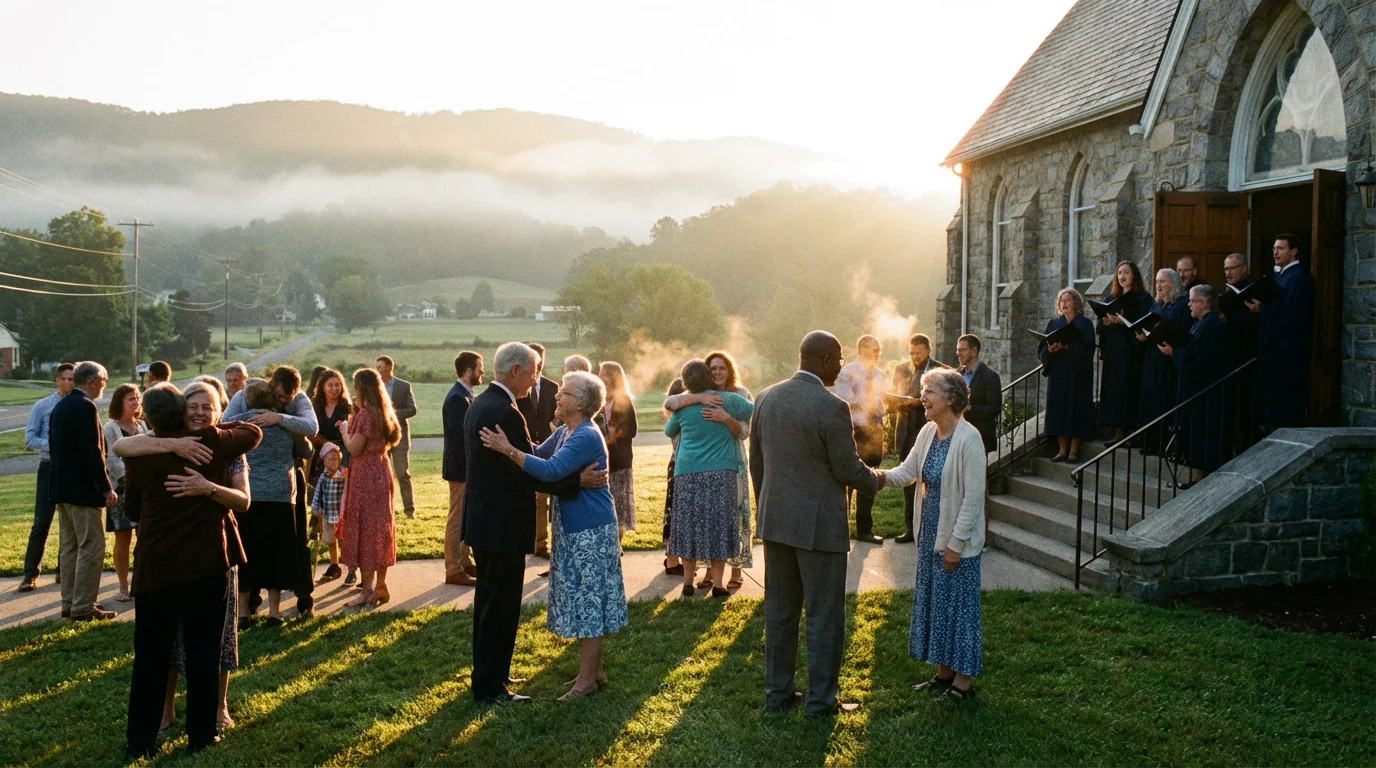 Congregants arrive at a church at sunrise, greeting one another with warmth.
