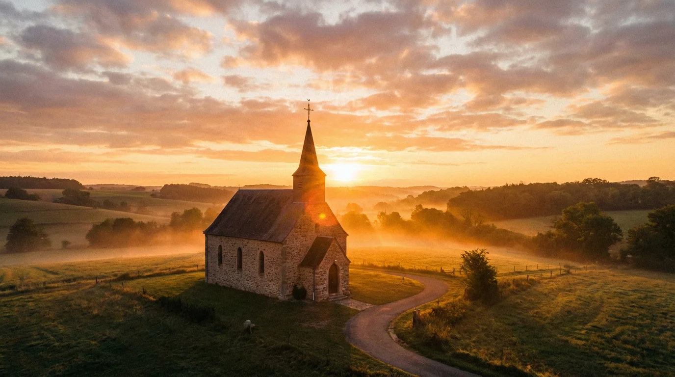 Sunrise light washes over a small church, hinting at new beginnings.