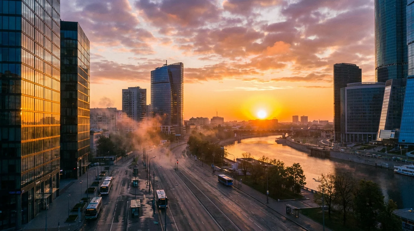 Sunrise over a quiet business district suggesting fresh starts at work.