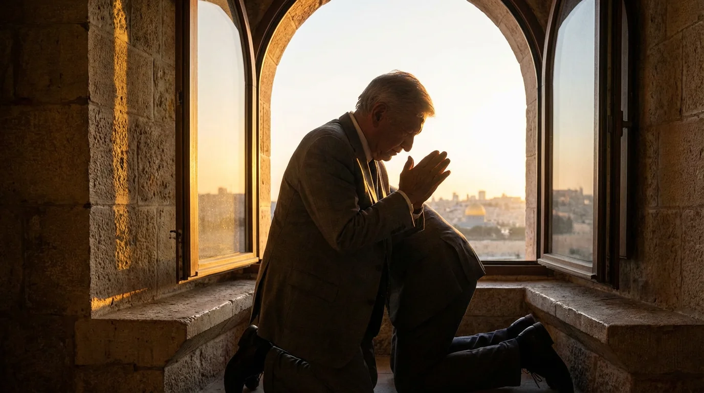 A leader prays quietly by a window at sunrise before beginning the day.