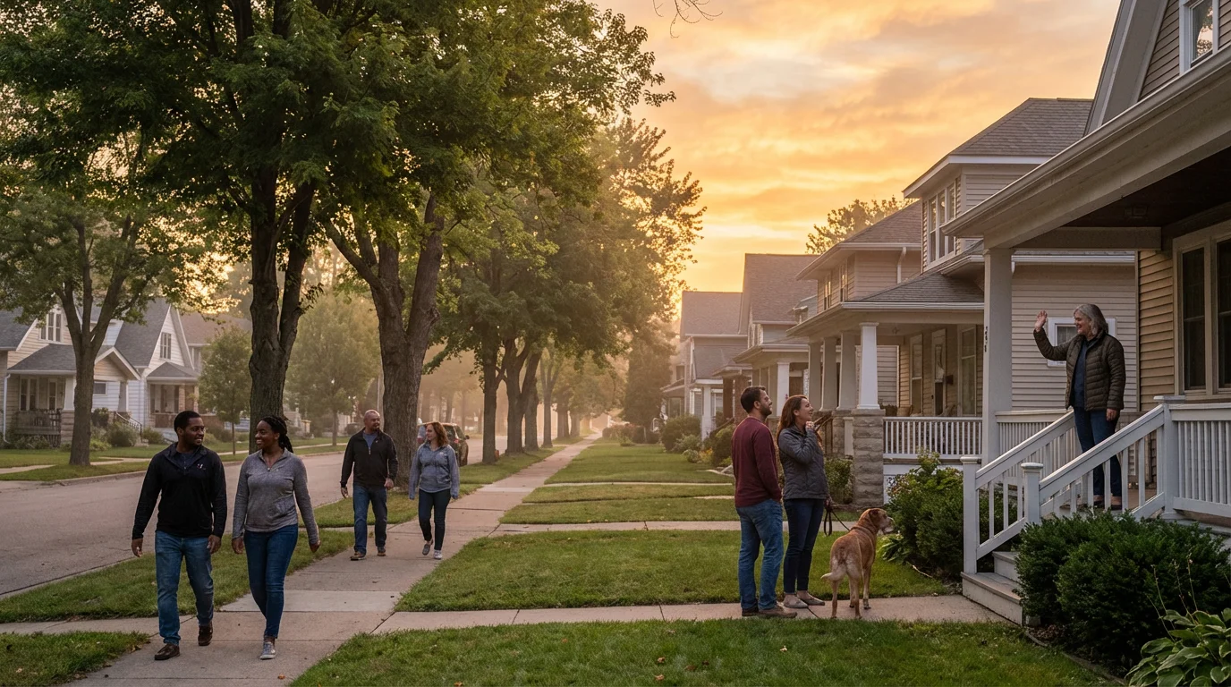 A sunrise over a neighborhood street as everyday people begin their day with hope.
