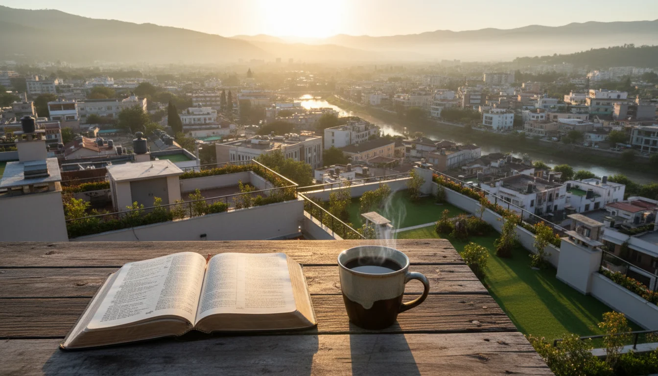 A quiet morning scene with an open Bible and coffee overlooking city rooftops.