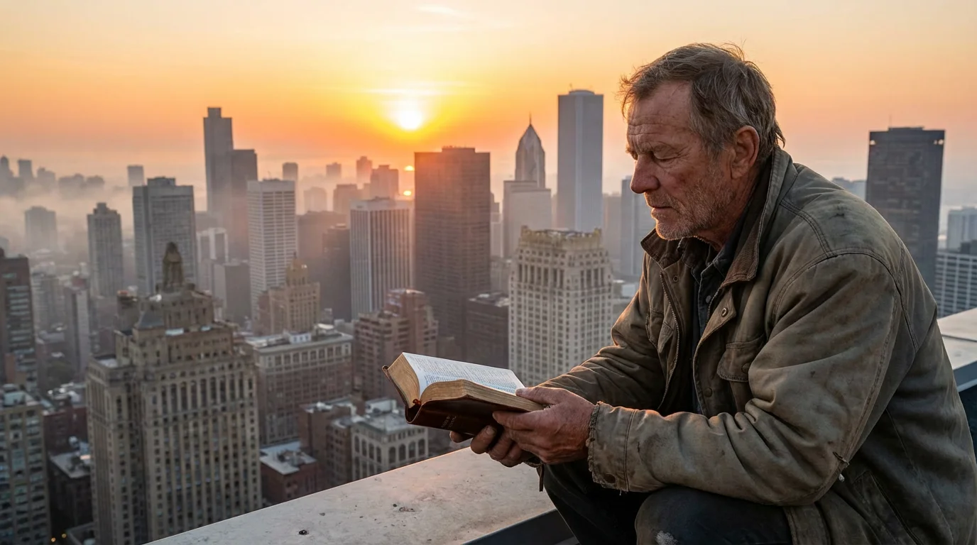 A person prays with an open Bible at sunrise over a quiet city.