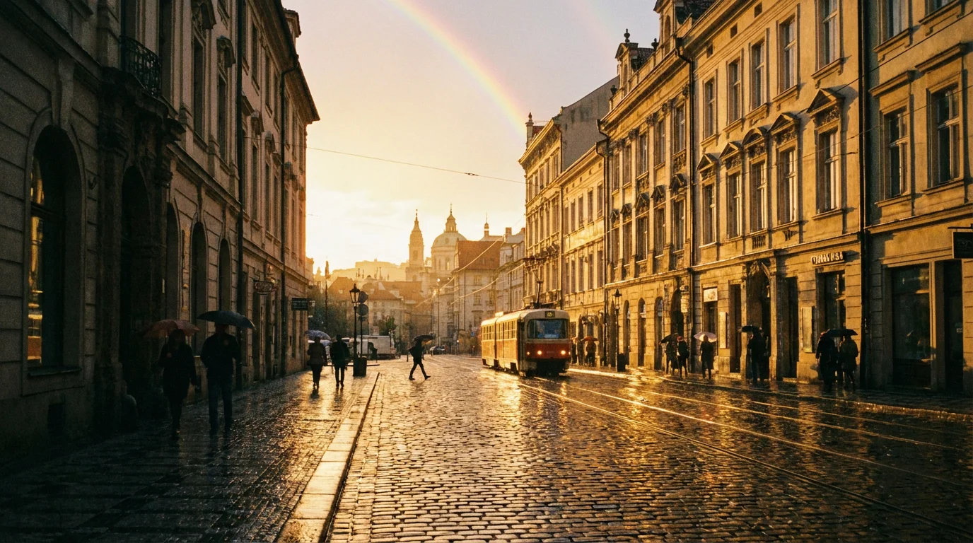 Sunrise light reflecting on wet city streets after rain, suggesting hope.