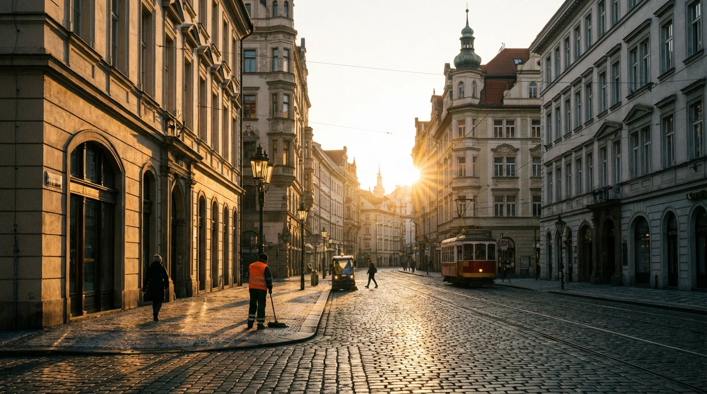 Sunrise over a calm city street, suggesting hope and shared daily life.