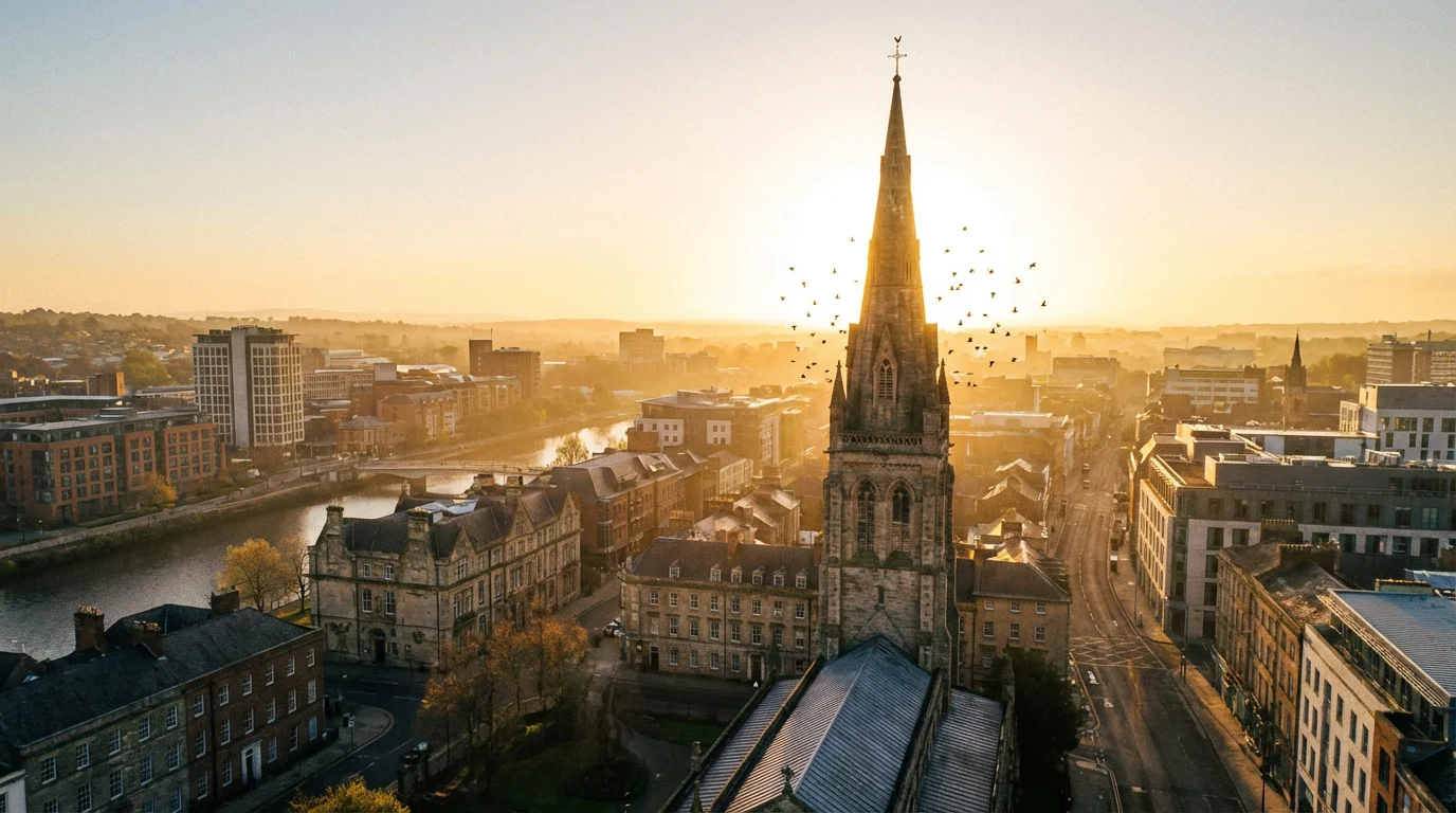 A city sunrise with a church spire and warm light suggesting new beginnings.