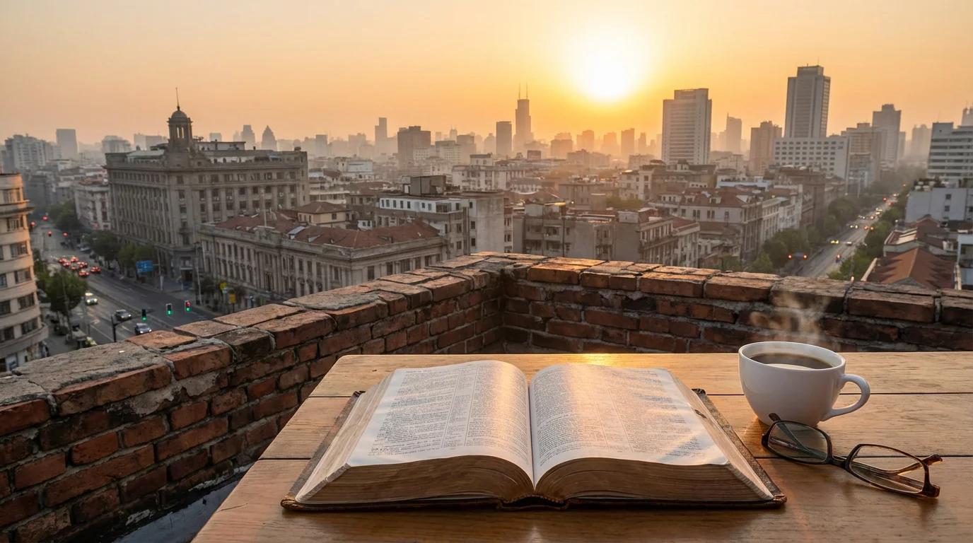 An open Bible at sunrise on a rooftop table overlooking a waking city.