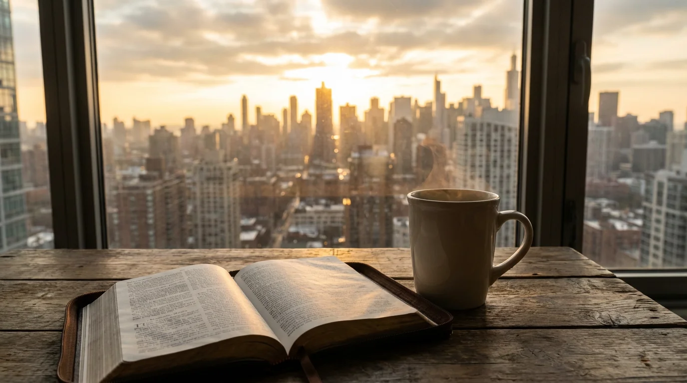 An open Bible and coffee at sunrise facing a city, suggesting prayer for the city.