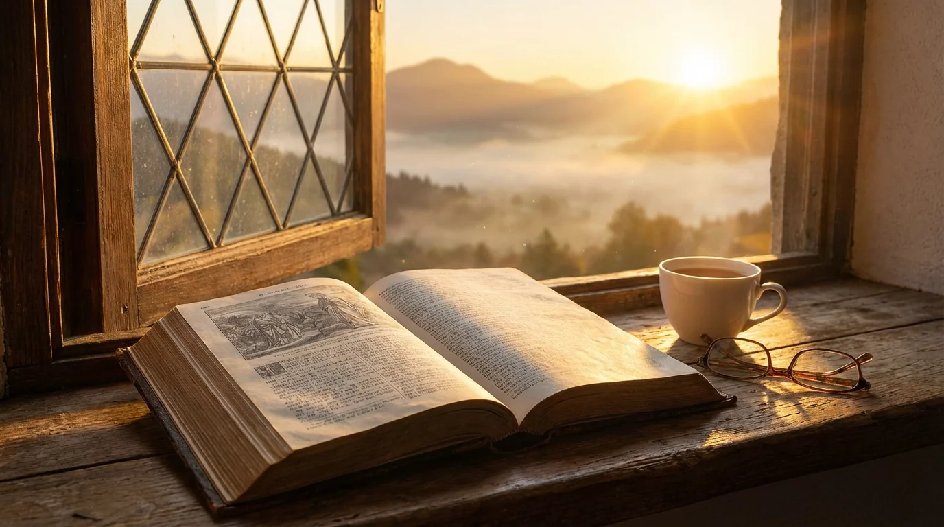 An open Bible by a window at sunrise, inviting quiet study and prayer.