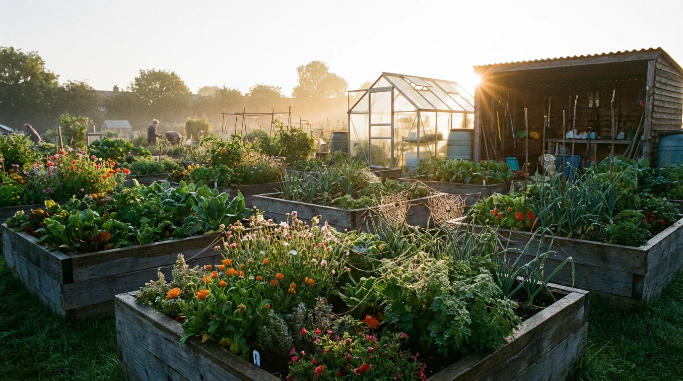 Sunrise over a dew-covered community garden with tidy raised beds.