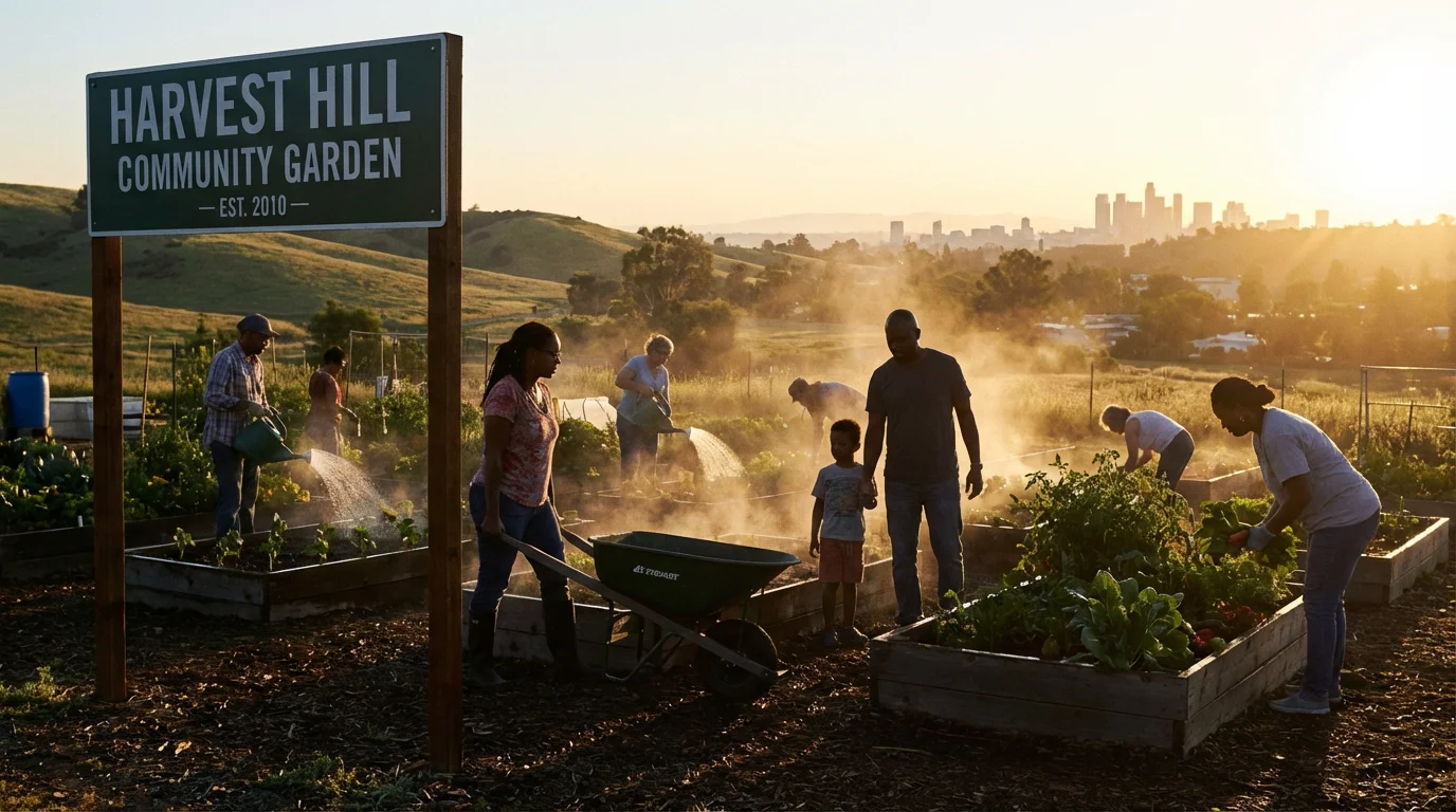 Sunrise over a community garden cared for by neighbors.