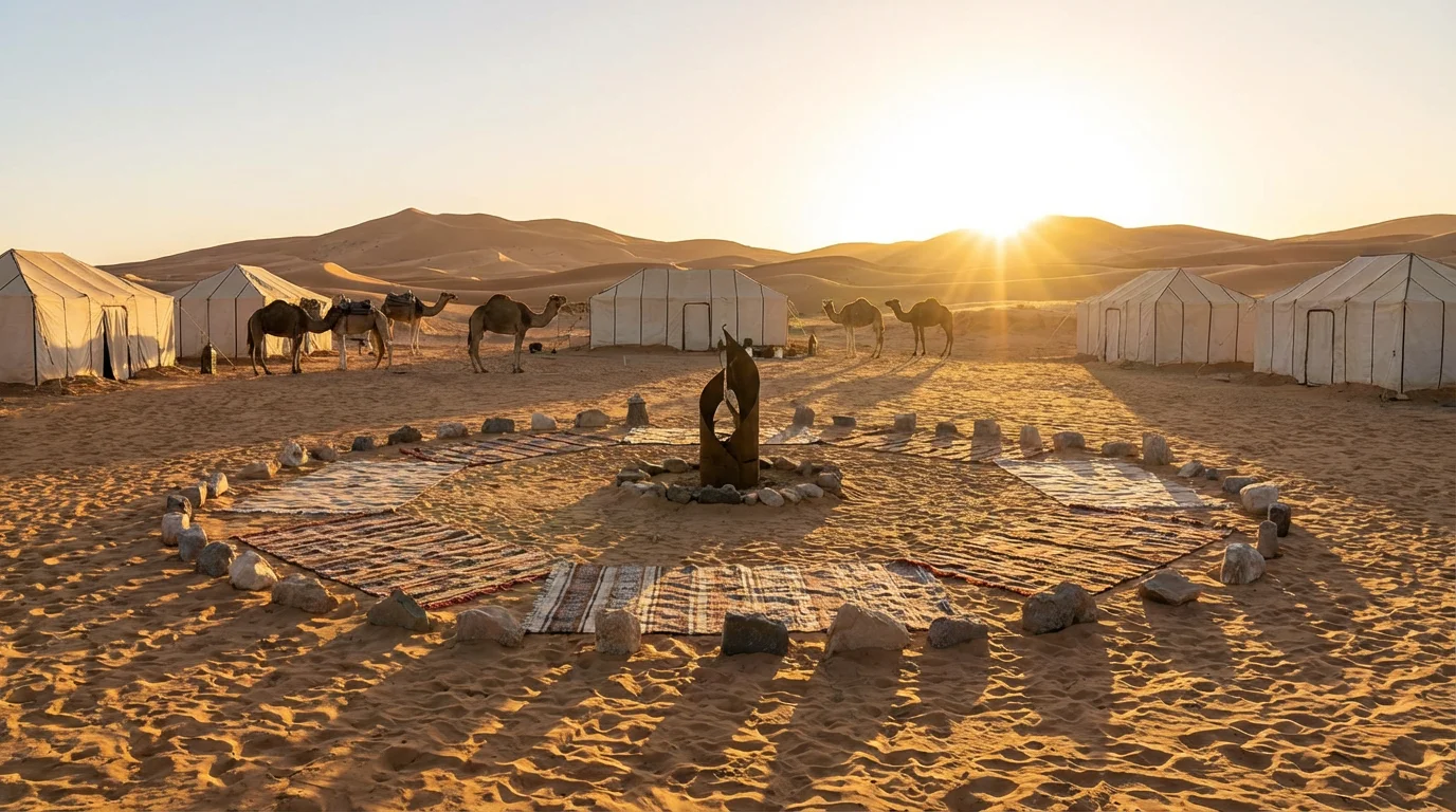 A sunrise over a desert camp arranged around a central sacred space.
