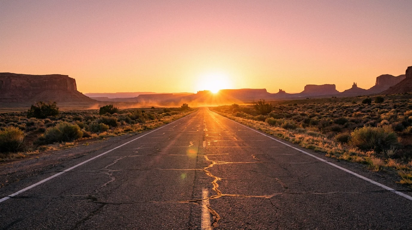 A sunrise over a quiet desert road suggesting Joseph’s long journey.