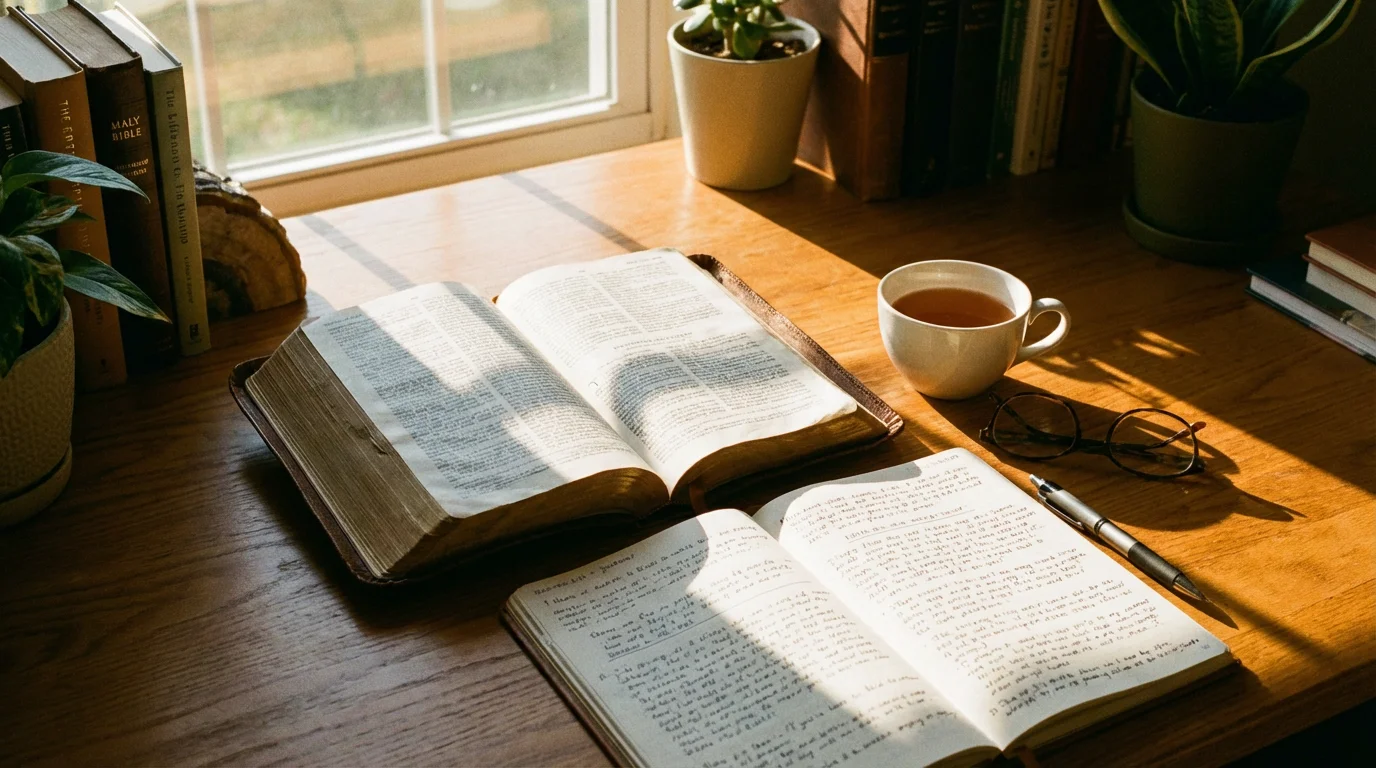 An open Bible and notebook on a sunlit desk before the workday.