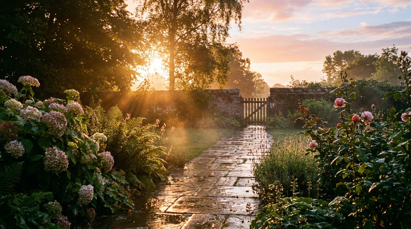 A soft sunrise over a rain-washed garden path, calm after a storm.