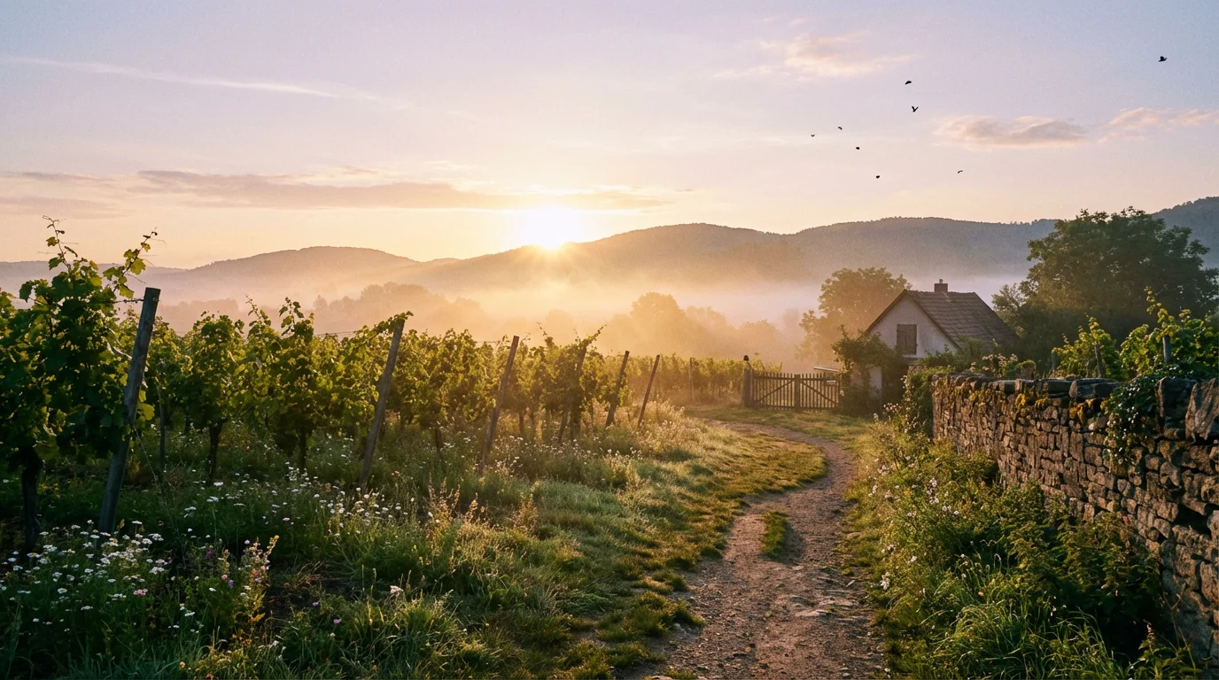 Sunrise light over a peaceful garden vineyard with a simple path.
