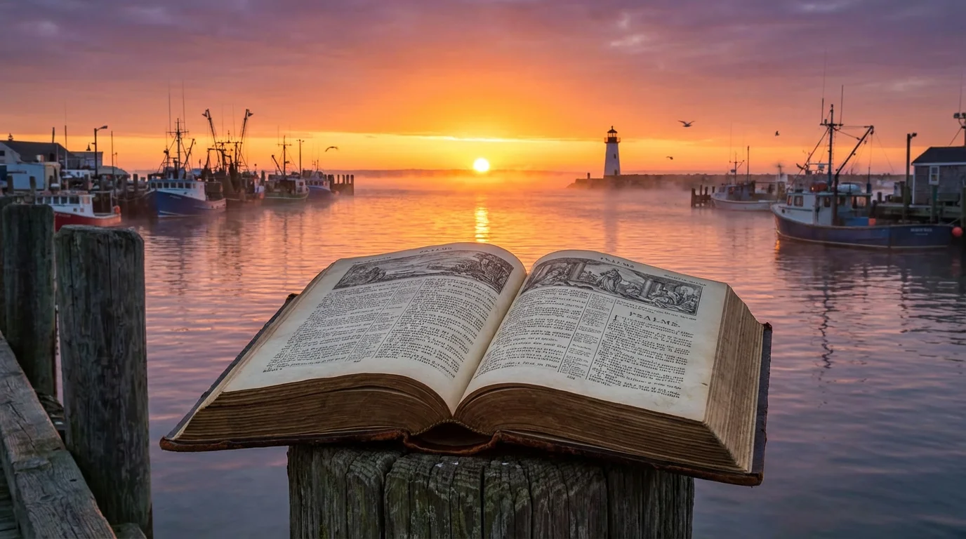 An open Bible by a calm harbor at sunrise, inviting reflection.